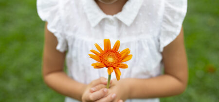 Pikkulapsi valkoisessa lyhythihaisessa puserossa pitää käsissään oranssia kukkaa.