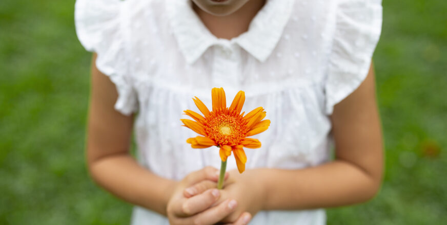 Pikkulapsi valkoisessa lyhythihaisessa puserossa pitää käsissään oranssia kukkaa.